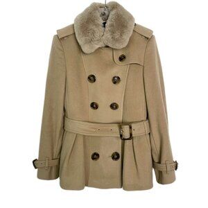 008667 Burberry Fur collar double-breasted belted wool coat Brown Size 38 Slight